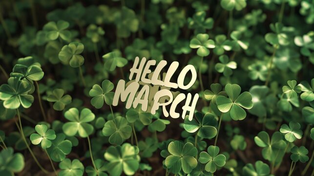 Hello March. Green clover leaves as background.