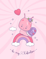 Cute groovy snail girl on rainbow. Funny enamored insect kawaii character. Vector illustration. Cool poster Valentines card with slogan in retro style.