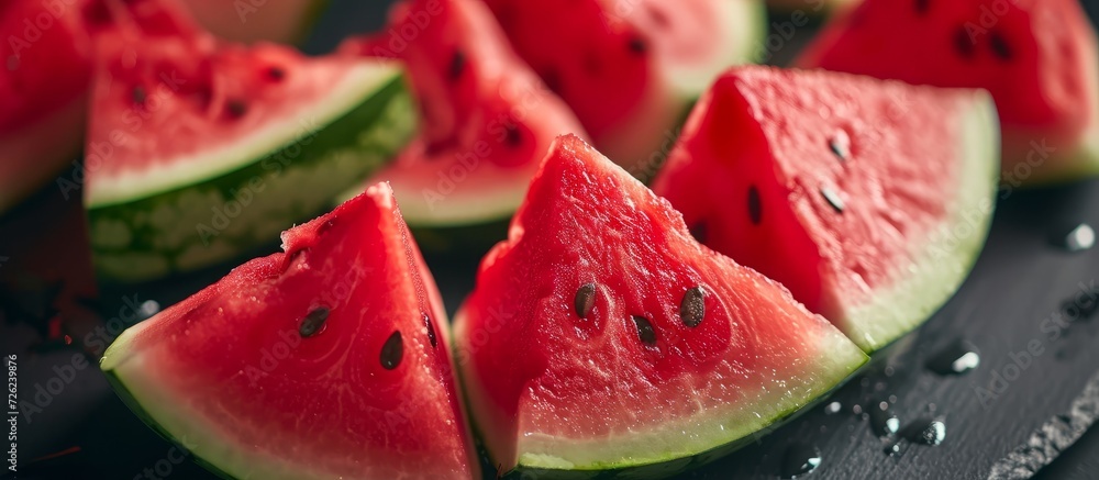 Poster red slices of ripe watermelon pulp are resting on the table.
