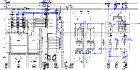 Vector sketch illustration of technical drawing design for erection drawing cross section Grid in factory industry 