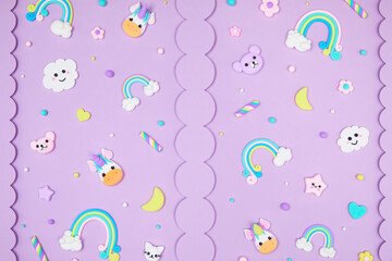 Trendy pastel purple kawaii banner background design template with cute air plasticine handmade cartoon animals, unicorns, stars, rainbows pattern. Top view, flat lay. Candycore, fairycore
