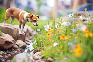 dog sniffing at the colorful spring flowers by a brook - 726239867