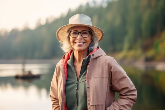 Smiling Senior Woman In Hat And Coat Standing Near Lake On Autumn Day