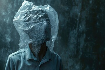  Man with plastic bag head highlights plastic pollution  urging action 