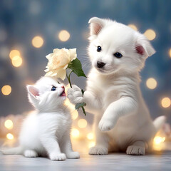 Kitten and puppy. Dog and cat with flowers. Pair. Abstract glowing background. Valentine's Day. The 14th of February. Valentine's Day. Birthday. March 8. Postcard.