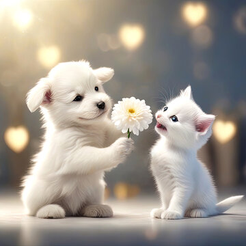 Kitten and puppy. Dog and cat with flowers. Pair. Abstract glowing background. Valentine's Day. The 14th of February. Valentine's Day. Birthday. March 8. Postcard.