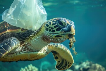Obraz premium Plastic pollution endangers sea turtles in Galapagos