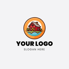 flat logo icon sunrise farm house with pool