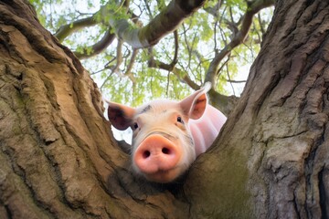 pink pig under a tree, fisheye lens warping the trunk and branches