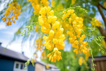 bright yellow flowers on a laburnum tree - obrazy, fototapety, plakaty