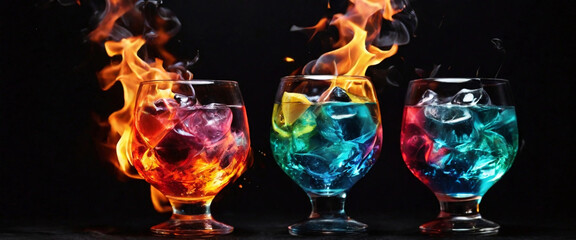 Colored cocktail on fire on a dark background, close-up