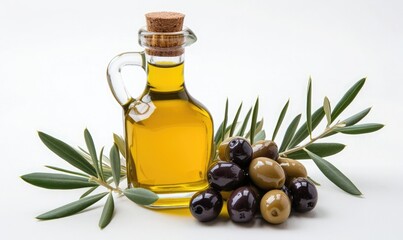 olive oil in a minimalist glass bottle, beside it there are olives. isolated background