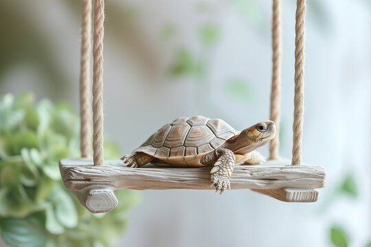 A whimsical photo capturing the serenity of a turtle perched on a wooden swing, embodying the unexpected charm of nature's leisurely moments.
