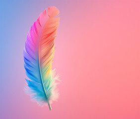 A mesmerizing composition featuring a rainbow-colored feather gracefully levitating amidst a neutral pastel background.