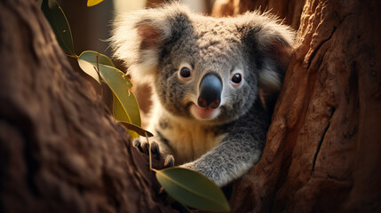 A close-up of a koala bear nestled in the crook of a eucalyptus tree.