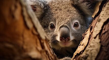 A close-up of a koala bear nestled in the crook of a eucalyptus tree.