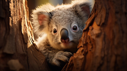 A close-up of a koala bear nestled in the crook of a eucalyptus tree.