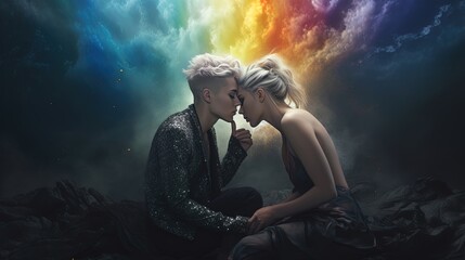 portrait of couple kissing on colorful background, LGBTQ+ colors, pride month, colorful, rainbow - obrazy, fototapety, plakaty