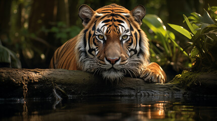 A Sumatran tiger lying in repose beside a tranquil jungle stream.