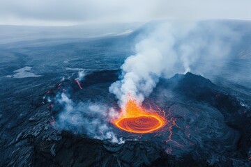 Aerial view of volcano crater lava with steam, Fagradalsfjall, Iceland 