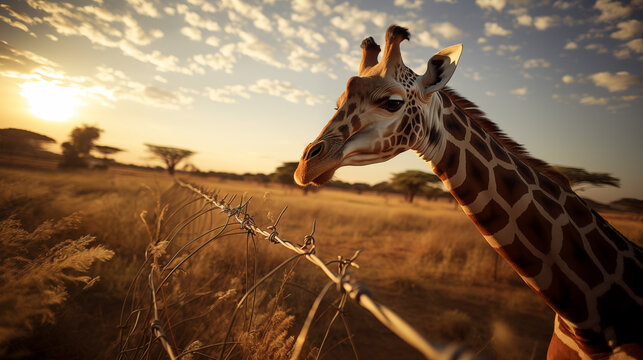 A giraffe was standing in the middle of the grass as the sun set.