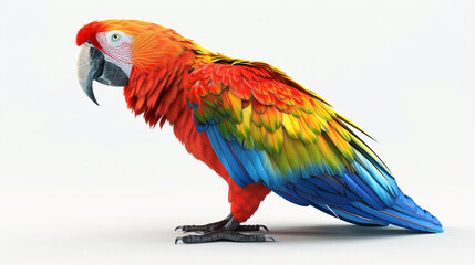 A stunningly vibrant 3D rendering of a magnificent parrot captured in exquisite detail. This eye-catching artwork showcases the parrot's brilliantly colored feathers against a pristine white