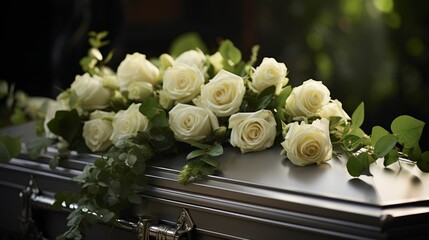 coffin decorated with white roses close up.