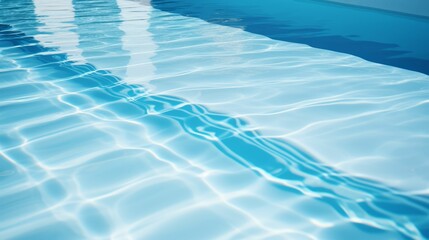 Blue shadows of pool with steps into, sunny summer mood. Ripples water surface, fun recreational outdoor sport background. Abstract swimming aqua texture, natural pattern.