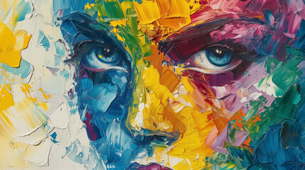 Colorful abstract face painting with bold eyes.