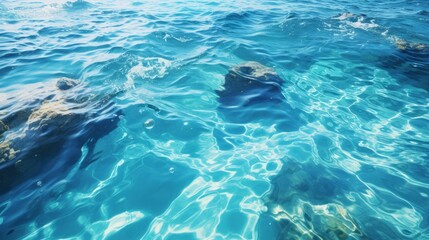 Blue ripped sea water as swimming pool. Crystal clear ocean lagoon bay turquoise blue azure water surface, closeup natural environment. Tropical Mediterranean beach water background.