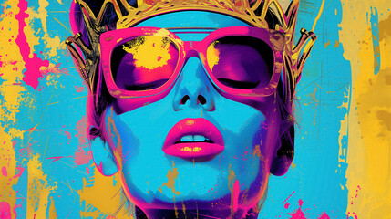 Pop art style woman with crown and sunglasses.