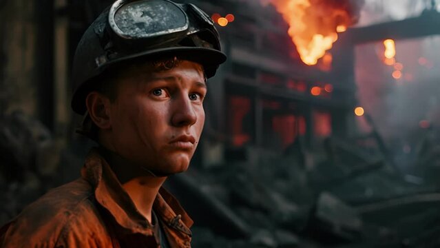 Despite the grueling conditions, a young blast furnace worker manages a small smile inside his heatresistant helmet as he completes a difficult task.