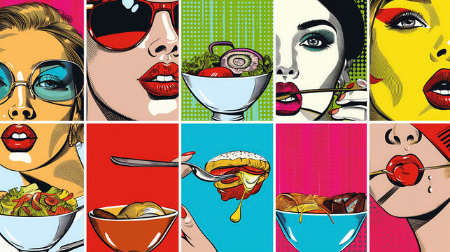 Pop art collage of women and food illustrations.
