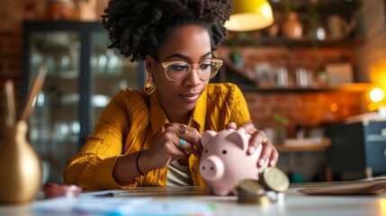 Financial planning with black woman adding coin to piggy bank