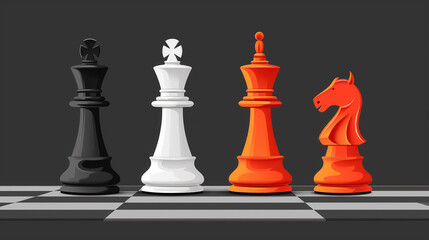 Chess pieces on board, contrast of black and orange.