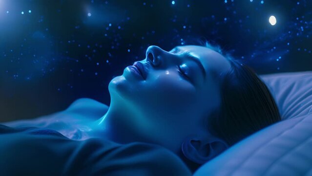 A hologram of a virtual sleep coach displaying a visualization of a peaceful and restful nights sleep while offering tips and techniques for improving sleep habits.