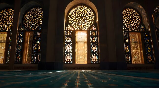 A Muslim is praying on the eve of Ramadan in a mosque full of light