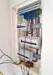 interior before the completion of electrical wiring. circuits for individual appliances and rooms are connected to a switchboard box with electrical circuit breakers of various current capacities