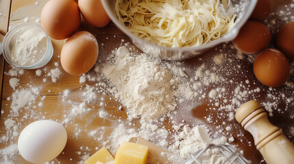 Fresh pasta ingredients on a wooden surface.