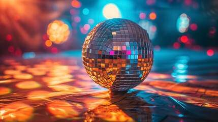 Disco ball reflecting lights on the dance floor. - obrazy, fototapety, plakaty