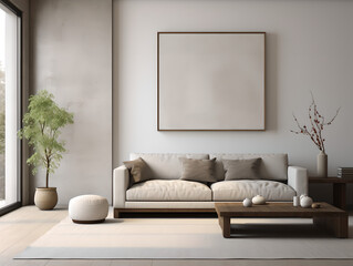 modern living room with sofa , empty frame on  wall , sunlight , window , table  ,vase ,pillows,rug,modern interior design,Frame mockup 