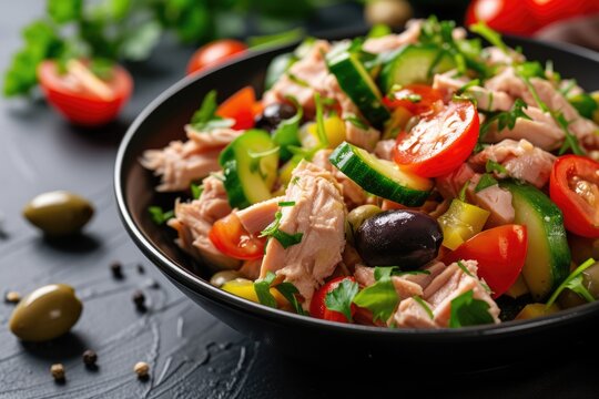 Canned tuna salad with fresh vegetables, capers and olives in a black bowl. Healthy lunch or dinner. 