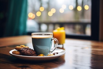 steaming cup of hot chocolate on wooden table with cookies