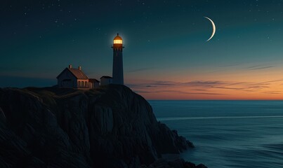 lighthouse and crescent moon