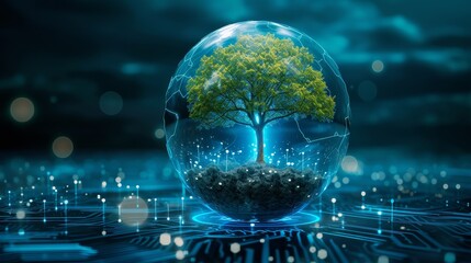 Fototapeta na wymiar Fusion of nature and digital, tree on circuit sphere, blue light background