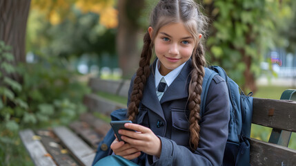 schoolgirl in uniform sitting and looking at her phone