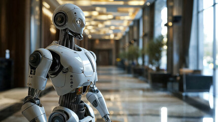 Advanced robot in a modern lobby interior.