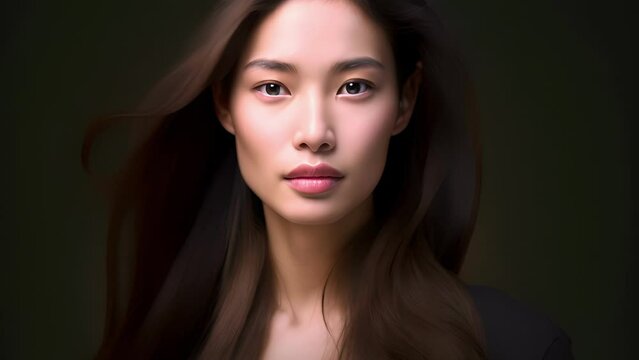 A serene Asian woman stares calmly into the camera lens her soft gaze hinting at an inner strength and deep sentimentality. Her hair is pulled tightly away from her face highlighting