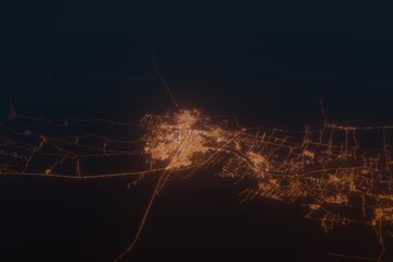 Aerial shot on Piura (Peru) at night, view from west. Imitation of satellite view on modern city with street lights and glow effect. 3d render - obrazy, fototapety, plakaty