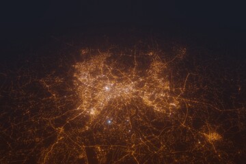 Aerial shot on Krakow (Poland) at night, view from west. Imitation of satellite view on modern city with street lights and glow effect. 3d render